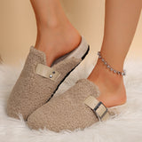 Women's Faux Slippers, Cozy Plush Cork Sandals With Adjustable Buckle, Warm Flat House Shoes For Indoor Use