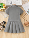 Brief Girls Solid Preppy Short Sleeve Dress - Lapel Collar, Flared Hem, Slight Stretch, Machine Washable, Perfect for Summer School Uniform - Polyester Knit Fabric, Regular Fit, No Belt, No Padding