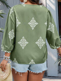 Plus Size Argyle Patterned V Neck 3/4 Sleeve Blouse - Soft Slight Stretch Polyester Fabric, Casual Vacation Top for Spring and All Seasons - Comfortable and Stylish Womens Clothing