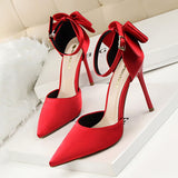 LUTAOTIE Women's Pointed Toe Satin Hollow Back Bow Heels