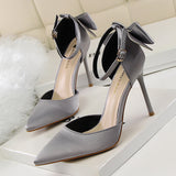 LUTAOTIE Women's Pointed Toe Satin Hollow Back Bow Heels