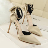 LUTAOTIE Women's Pointed Toe Satin Hollow Back Bow Heels