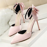 LUTAOTIE Women's Pointed Toe Satin Hollow Back Bow Heels