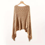 Knit Hollow Out Pullover Poncho Solid Color Tassel Double-layer Outside Wrap Shawl Stylish Bat Sleeve Loose Coat Shawl