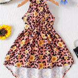 Girls Leopard Print Halter Dress - Fashionable Dot Pattern, Sun-Ready Sleeveless Design - Perfect Casual Summer Wear for Playful Girls, A Delightful Gift Idea