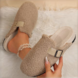 Women's Faux Slippers, Cozy Plush Cork Sandals With Adjustable Buckle, Warm Flat House Shoes For Indoor Use