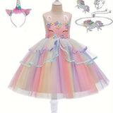 Girls' Enchanting Unicorn 5-piece Dress & Jewelry Set - Durable, Non-Sheer for Parties and Performances