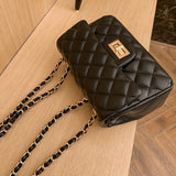 Elegant Turn-Lock Quilted Crossbody Bag - Classic Solid Color Fashion PU Handbag with Luxe Chain Strap