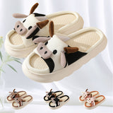 Women's Cartoon Cow Slippers Cute Animal Slide Slippers Cotton Linen Non-slip Outdoor Indoor House Slippers