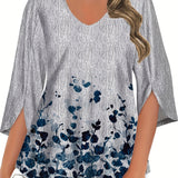 Plus Size Elegant Floral Print V-Neck 3/4 Sleeve Blouse for Women - Soft Slight Stretch Polyester Fabric, Casual Pullover Shirt for Going Out in Summer - Elegant Shirting with Positioning Printing