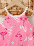 Girl's Dress Sweet Flamingo Print Ruffle Hem Halter Sleeveless Dresses, Summer Gift