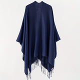 Solid Color Tassel Cardigan Poncho Simple Imitation Cashmere Open Front Large Shawl Women's Autumn Winter Outside Warm Coldproof Shawl Cape