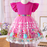 Girls Vibrant Princess Dress - Colorful Embroidered, Ruffle Sleeve, Mesh Splicing, Sweet Design - Perfect for Holiday Party, Summer Occasions, and Special Events