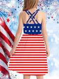 Five-Pointed Star Striped Puff Sleeves Loose Fit Girls Elegant Casual Dress - American Independence Day Inspired - Soft Fabric, Relaxed Style, and Vibrant Colors for a Chic Look