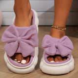 Women's Bow Linen Slippers, Breathable Contrast Color Soft Sole Platform Shoes, Comfy Indoor Floor Slippers