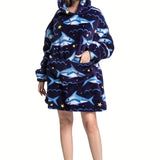 Plus Size Cozy Shark Pattern Fluffy Fleece Wearable Blanket - Soft, Warm, and Oversized with Giant Pockets for Ultimate Comfort - Womens Cute Long Sleeve Hooded Nightgown for Cold Nights