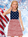 Five-Pointed Star Striped Puff Sleeves Loose Fit Girls Elegant Casual Dress - American Independence Day Inspired - Soft Fabric, Relaxed Style, and Vibrant Colors for a Chic Look