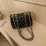 Elegant Turn-Lock Quilted Crossbody Bag - Classic Solid Color Fashion PU Handbag with Luxe Chain Strap