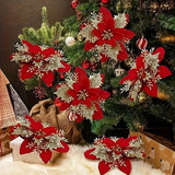 10pcs Sparkling Glitter Poinsettia Flowers - Artificial Christmas Tree Ornaments, Red Holiday Decor for Home & Wreaths, Christmas Decor