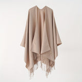 Solid Color Tassel Cardigan Poncho Simple Imitation Cashmere Open Front Large Shawl Women's Autumn Winter Outside Warm Coldproof Shawl Cape