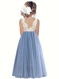 Long Sleeveless V-Back Lace Princess Dress for Girls - Mesh Splicing, Backless, Trapeze Hem, Slight Stretch, Polyester Material - Perfect for Piano Performance and Party Occasions