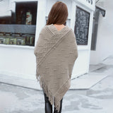 Cozy Solid Color Tassel Shawl - Fashion Scarves with Autumn Winter Wave Striped Pattern, Warm Pullover Cloak, Loose Fit, Large V-neck, Cape Poncho Style for Women - Perfect for Cold Weather