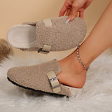 Women's Faux Slippers, Cozy Plush Cork Sandals With Adjustable Buckle, Warm Flat House Shoes For Indoor Use