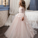 Teen Flower Girl Maxi Lace Ball Gown - Semi-Sheer, Contrasting Floral Pattern, Woven Polyester, Skinny Fit, Non-Stretch, Perfect for Party Role-playing and Host Performance in Fall/Winter Seasons