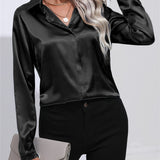 Plus Size Elegant Lapel Collar Long Sleeve Shirt - Soft Slight Stretch Polyester Fabric, Machine Washable, Solid Color, and Perfect for Spring, Summer, and Fall Seasons