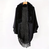 Luxurious Faux Fur Trimmed Monochrome Cardigan - Soft, Loose Fit, Elastic Hollow Tassel Shawl with Bat Sleeves, Warm and Cozy for Autumn Winter Outings - Long Cloak Shawl for Women