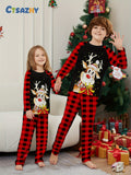 Youngsters' Cozy Christmas Pajama Set - Flame-Resistant, Cartoon Reindeer & Plaid Print, Long Sleeve Top and Pants for Boys & Girls