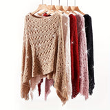 Knit Hollow Out Pullover Poncho Solid Color Tassel Double-layer Outside Wrap Shawl Stylish Bat Sleeve Loose Coat Shawl