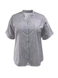 Plus Size V-Neck Stripe Print Shirting Blouse - Soft Slight Stretch Fabric, Button Front, Notched Neck, Casual Short Sleeve Style - Ideal for Spring, Summer, and Fall Seasons