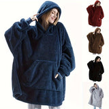 Cozy Double-Sided Fleece Hoodie Blanket - Thick, Wearable Couple's Loungewear with Pockets, Machine Washable, Black