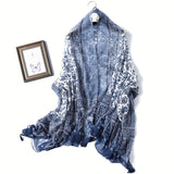 Ladies Porcelain Print Shawl - Stylish & Breathable, Artisanal Blue White Design with Fringe - A Fashion-Forward, Lightweight Accessory for Autumn Winter