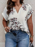 Plus Size Elegant V Neck Floral Print Shirting Blouse - Soft Polyester Non-Stretch Fabric, Woven Construction, Random Printing, Casual Short Sleeve Design for Summer - Womens Stylish Plus Size Clothing for Spring