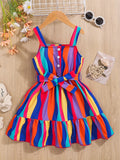 Girls' Colorful Striped Sleeveless Dress with Belt, Summer Irregular Patchwork Sundress, Romantic Style for Kids