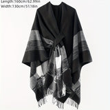 Black White Striped Tassel Cardigan Poncho Casual Thick Soft Warm Cross Shawl Autumn Winter Outdoor Windproof Blanket Shawl