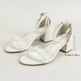 Elegant Women's Chunky Heel Sandals With Faux Pearl Ankle Strap - Open Toe, Microfiber Cover For Weddings & Parties