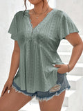 Plus Size Lace Trim Blouse, Elegant V Neck Short Sleeve Blouse For Summer, Women's Plus Size Clothing