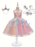 Girls' Enchanting Unicorn 5-piece Dress & Jewelry Set - Durable, Non-Sheer for Parties and Performances