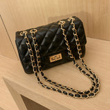 Elegant Turn-Lock Quilted Crossbody Bag - Classic Solid Color Fashion PU Handbag with Luxe Chain Strap