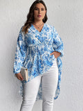 Plus Size Floral Lantern Sleeve Blouse – Chic Surplice Neck & Shirred Waist – Flattering High Low Hem Top for Elegant Occasions