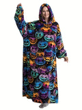 Cozy Plus Size Sloth Print Robe - Soft Womens Flannel Wearable Hooded Blanket - Comfy & Adorable Extra Long Sleepwear for All Seasons