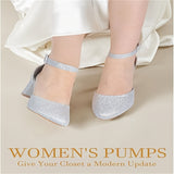 2.25 Inches Closed Toe Heels For Women - Silver Round Toe Chunky Wedding Block Women Pumps Shoes