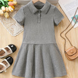 Brief Girls Solid Preppy Short Sleeve Dress - Lapel Collar, Flared Hem, Slight Stretch, Machine Washable, Perfect for Summer School Uniform - Polyester Knit Fabric, Regular Fit, No Belt, No Padding