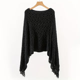 Knit Hollow Out Pullover Poncho Solid Color Tassel Double-layer Outside Wrap Shawl Stylish Bat Sleeve Loose Coat Shawl