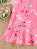 Girl's Dress Sweet Flamingo Print Ruffle Hem Halter Sleeveless Dresses, Summer Gift