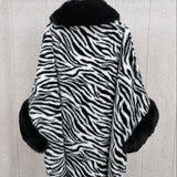 Luxurious Faux Fur Trimmed Cape Shawl Cardigan - Soft, Warm, Windproof, and Loose Fitting for Autumn and Winter - Elegant Black and White Leopard Print with Bat Sleeve Design