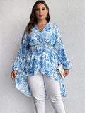 Plus Size Floral Lantern Sleeve Blouse – Chic Surplice Neck & Shirred Waist – Flattering High Low Hem Top for Elegant Occasions